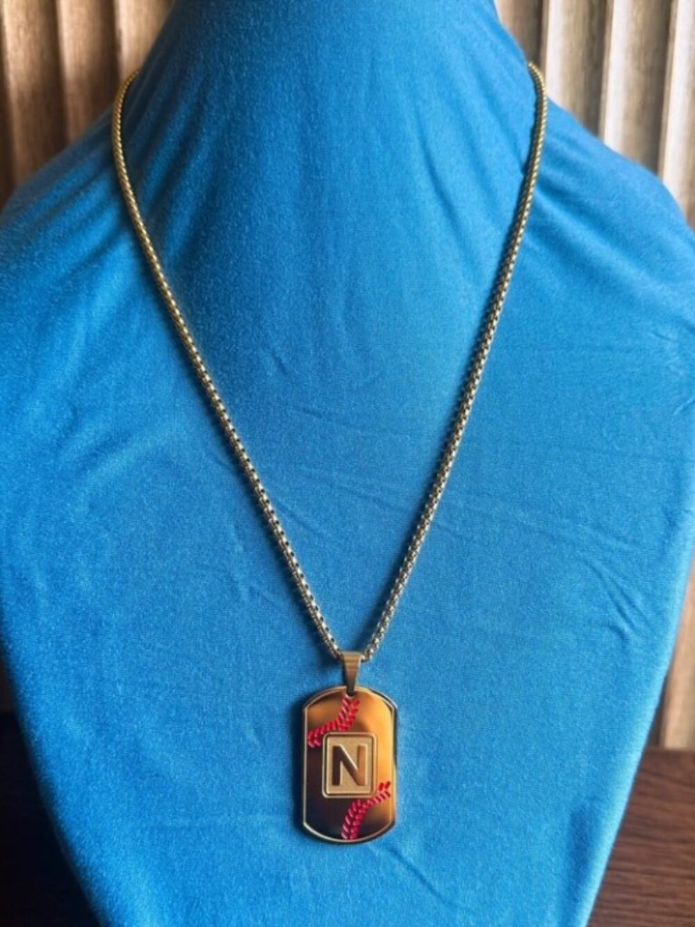 Gold Baseball Dog Tag Initial N Pendant Necklace Red Seams Box Chain NWOT